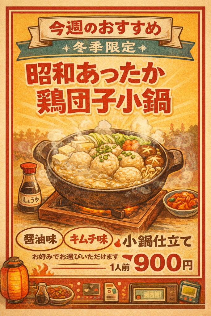 🍲 今週のおすすめ｜冬季限定「昭和あったか鶏団子小鍋」