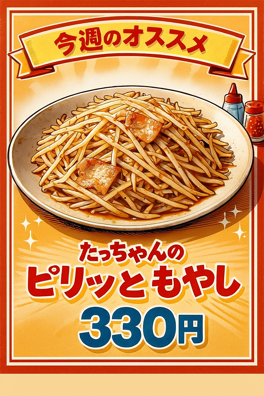 【月曜日】 今週のおすすめ　たっちゃんのピリッともやし（330円）