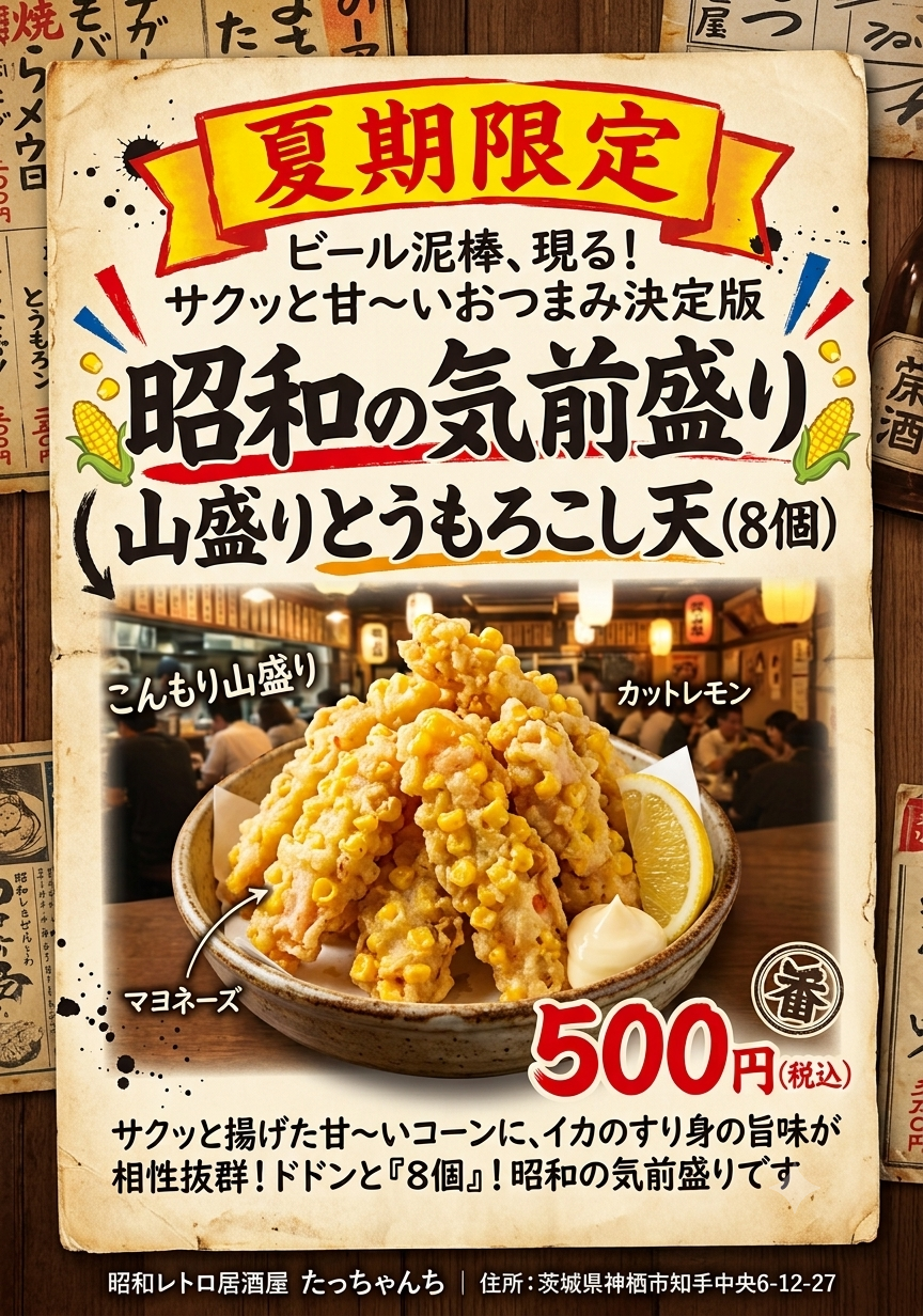 神栖市の居酒屋たっちゃんち 夏限定メニュー 昭和の気前盛り 山盛りとうもろこし天 500円