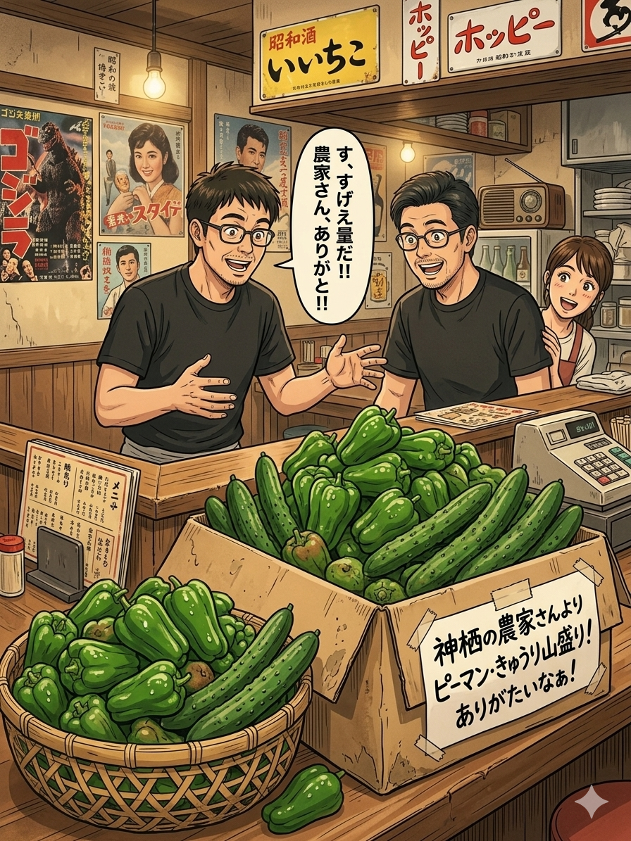 神栖市 農家さん直送 ピーマン きゅうり 居酒屋たっちゃんち